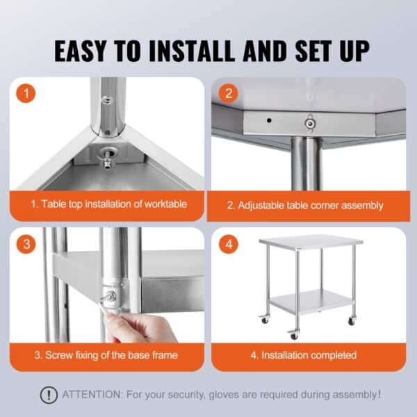 step-by-step assembly of VEVOR stainless steel work table with detailed fixings and final setup.