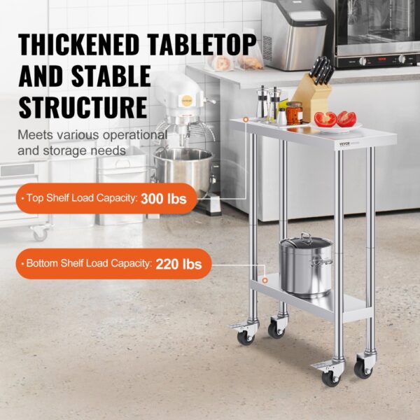 VEVOR stainless steel work table in a kitchen, showcasing high load capacity on top and bottom shelves.