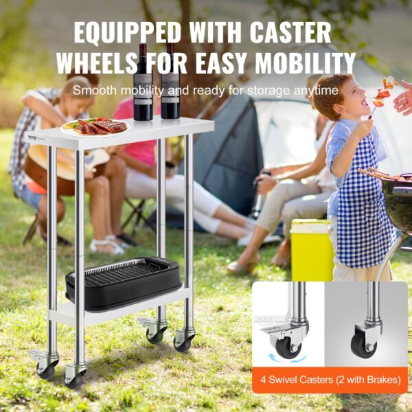 VEVOR stainless steel work table with caster wheels at an outdoor picnic, equipped with storage shelf.