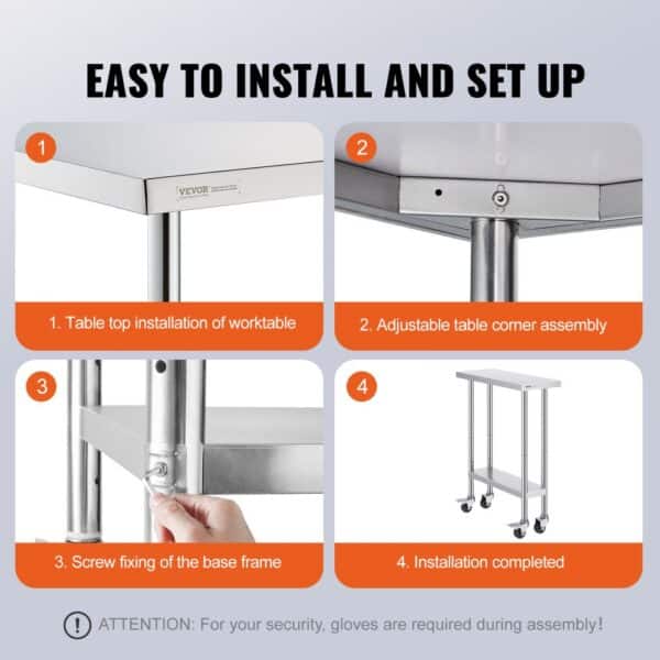 easy assembly steps for VEVOR stainless steel work table: install tabletop, adjust corners, secure base, complete.