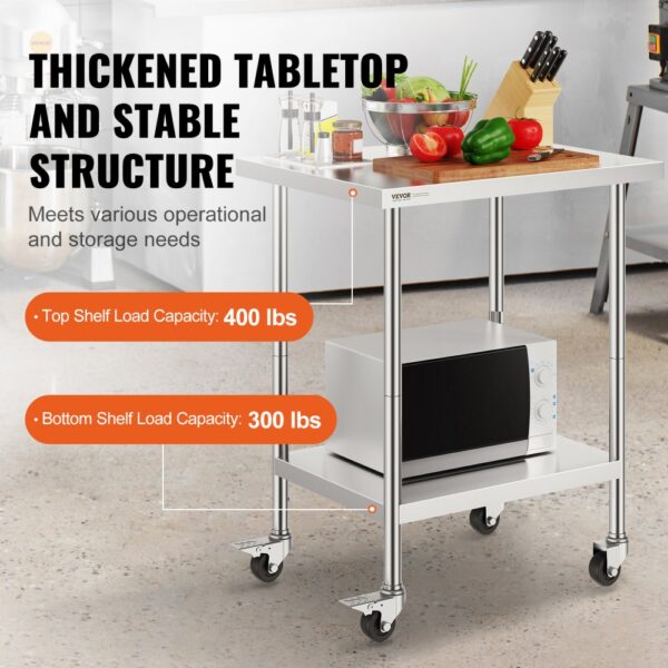 VEVOR stainless steel work table with thick tabletop, stable structure, shelves holding 400 lbs and 300 lbs.