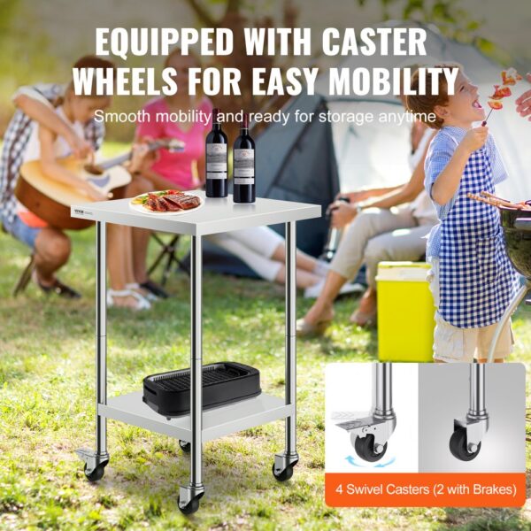 VEVOR stainless steel work table with caster wheels for mobility, featuring a bbq setup in an outdoor picnic.