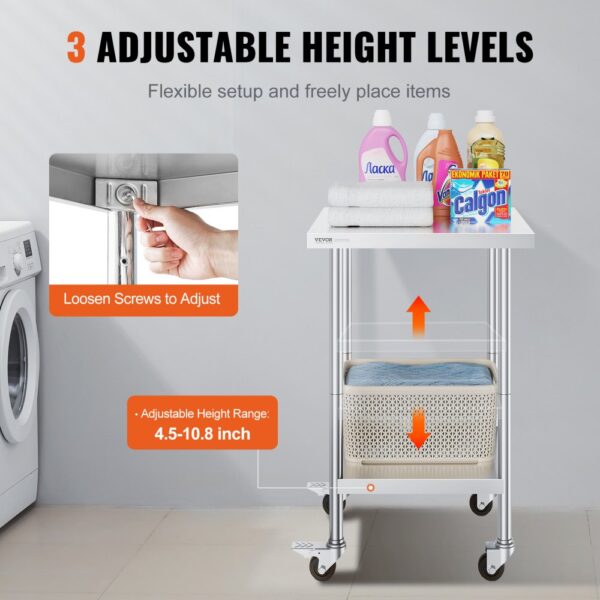 VEVOR stainless steel work table with adjustable height levels, holding cleaning supplies in a laundry room.