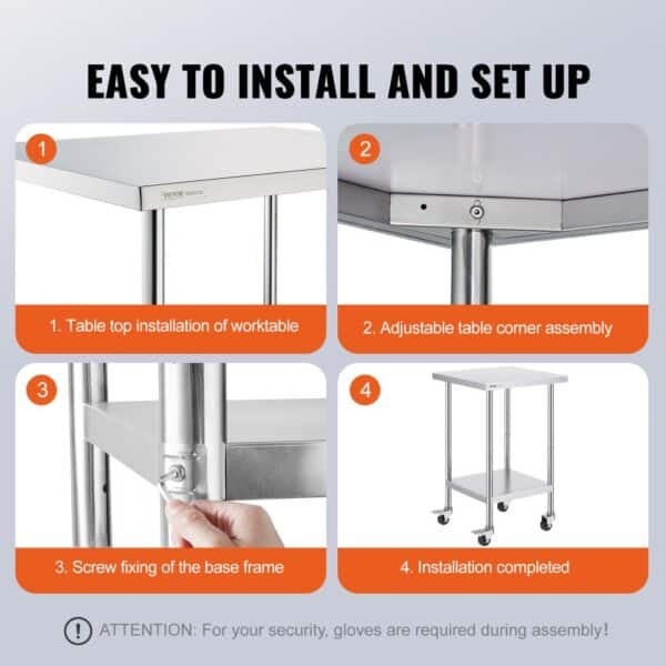 easy installation steps for VEVOR stainless steel work table, including table top assembly, adjustable corners, screw fixing