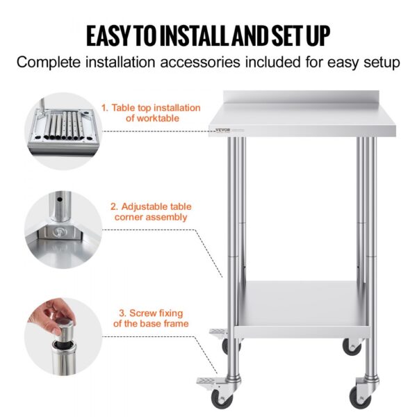 easy setup guide for VEVOR stainless steel work table with installation steps and accessories.