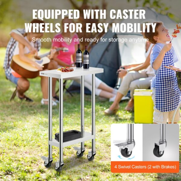 VEVOR stainless steel work table with caster wheels in a picnic setting, featuring 4 swivel casters.