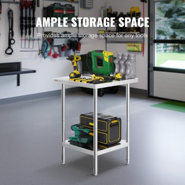 VEVOR stainless steel prep table with tools in a well-organized garage, showcasing ample storage.