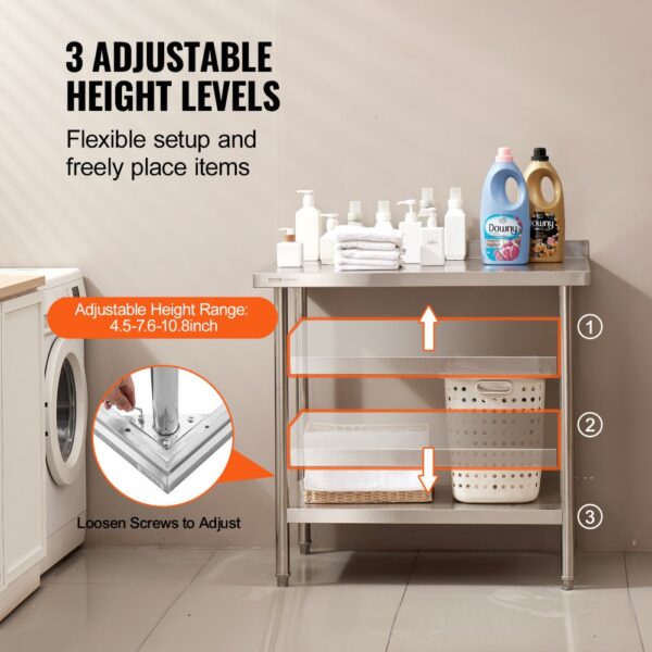 VEVOR stainless steel work table with adjustable height, shampoo bottles, laundry basket, and towel set.