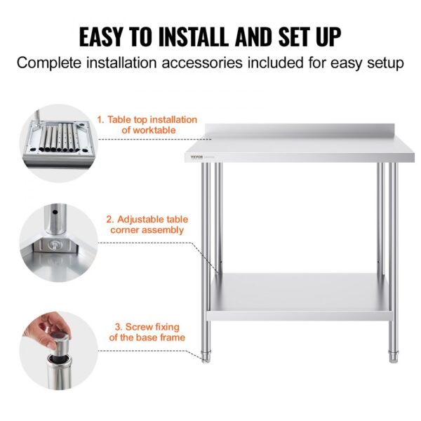 VEVOR stainless steel work table with easy installation steps: worktop, adjustable corners, and base screws.