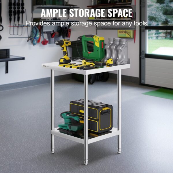 VEVOR stainless steel work table with ample storage space, tools organized in a clean garage.