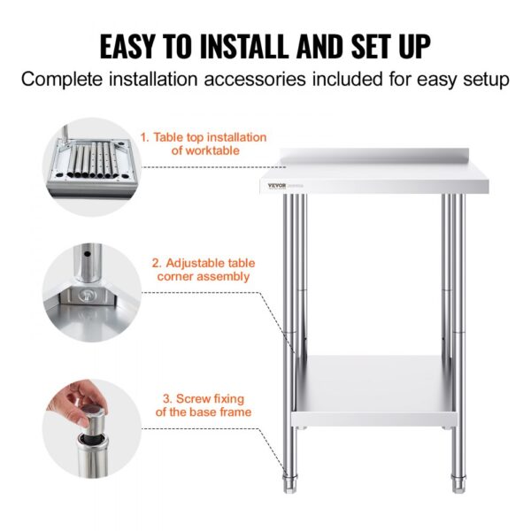 VEVOR stainless steel work table with easy installation: tabletop setup, adjustable corners, screw base.