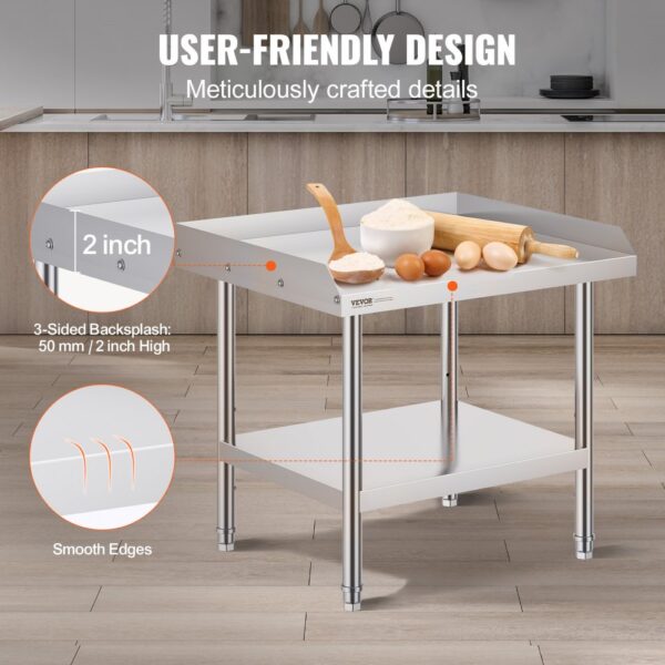 VEVOR stainless steel work table with 3-sided backsplash and smooth edges, featuring user-friendly design.