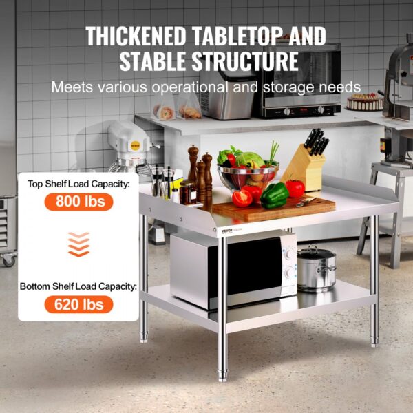 VEVOR stainless steel work table in kitchen loaded with utensils, produce, and appliances. 800 lbs top load capacity.