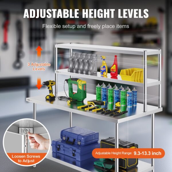 VEVOR double overshelf with adjustable height, tools, and storage boxes in a garage setting.