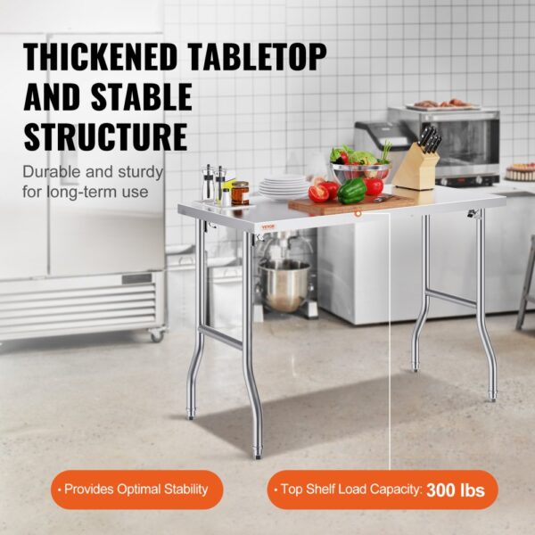 VEVOR stainless steel kitchen island with thick tabletop and stable structure.