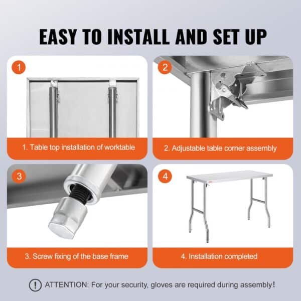 VEVOR stainless steel kitchen island assembly steps: table top, corners, screws, final setup.