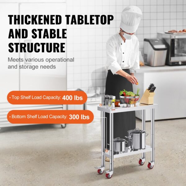 VEVOR stainless steel work table with thickened tabletop and high load capacity.