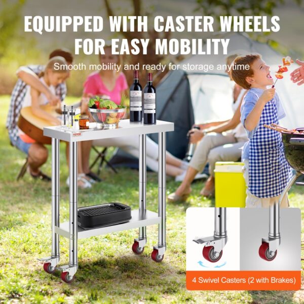 outdoor scene with VEVOR stainless steel work table on caster wheels, surrounded by people.