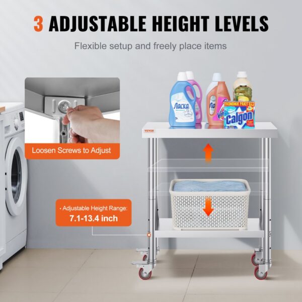 VEVOR stainless steel work table with 3 adjustable height levels for laundry storage.