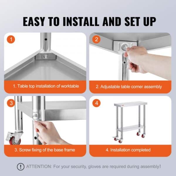 VEVOR stainless steel work table installation steps.