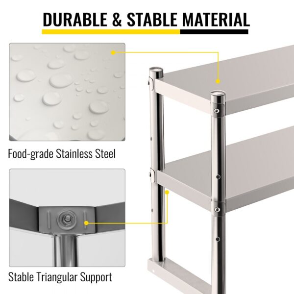 VEVOR Double Overshelf, Double Tier Stainless Steel Overshelf, 36 in. Length x 12 in. Width Double Deck Overshelf, Height Adjustable Overshelf for Prep & Work Table in Kitchen, Restaurant