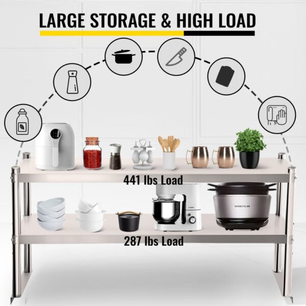 VEVOR double overshelf kitchen storage with utensils and appliances, 441 lbs and 287 lbs load.