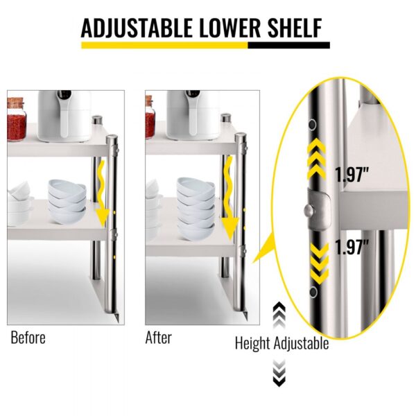 VEVOR double overshelf showcasing adjustable lower shelf with before and after images.