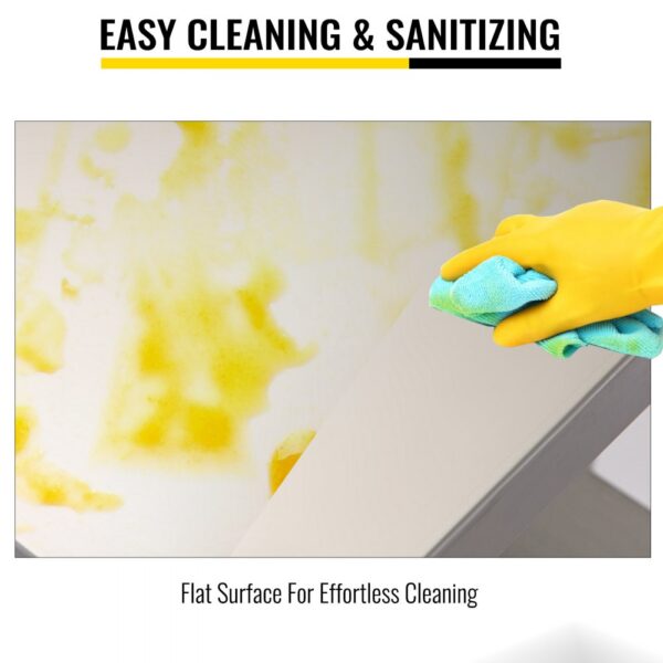 cleaning a metal surface with a cloth and glove, highlighting easy sanitizing.