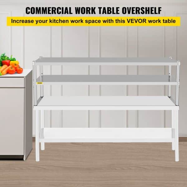 VEVOR double overshelf on kitchen work table with vegetables nearby.