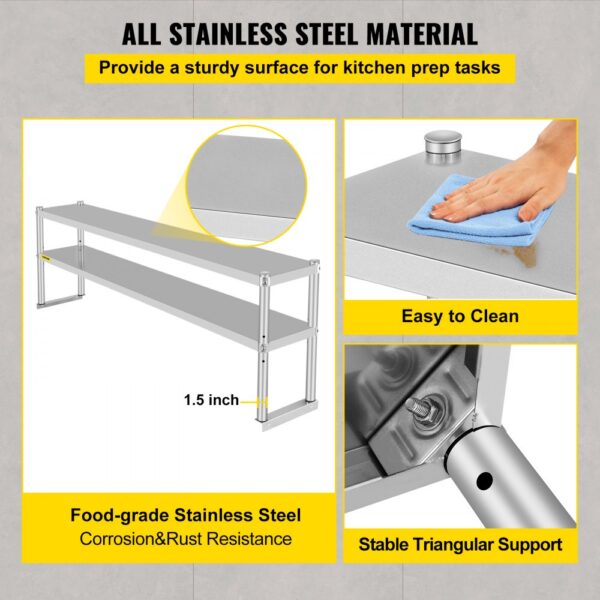 VEVOR double overshelf, stainless steel, food-grade, easy to clean, stable support.