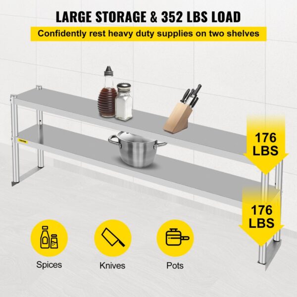 VEVOR double overshelf showcasing large storage with spices, knives, and pot. 352 lbs load.