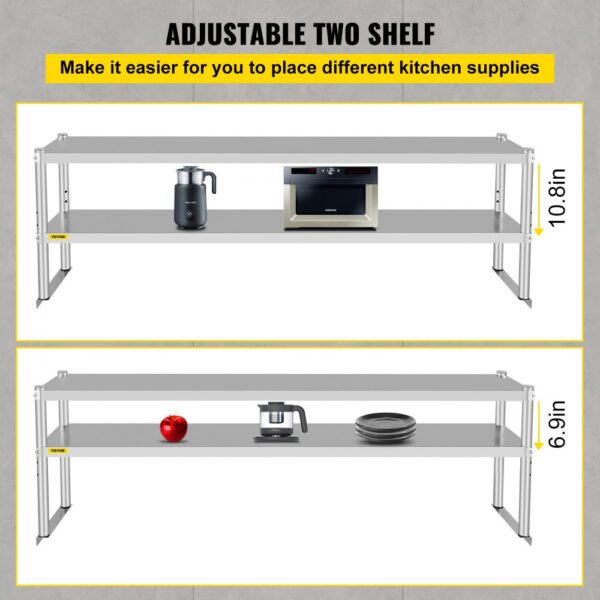 adjustable VEVOR double overshelf with kitchen appliances and supplies on two tiers.