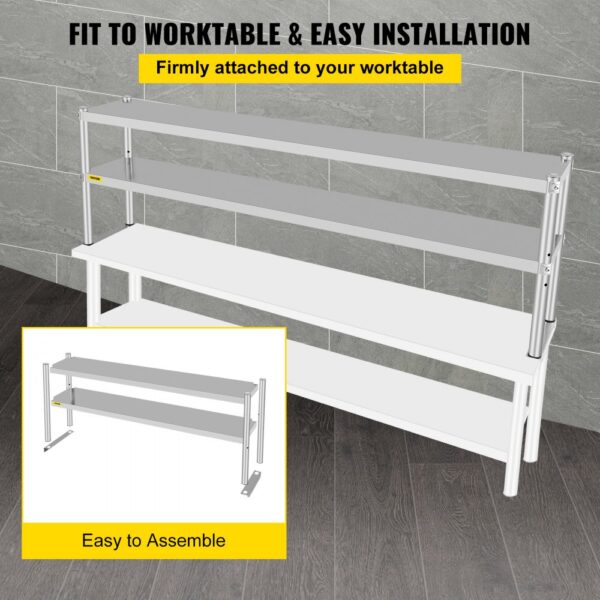 VEVOR double overshelf mounted on a kitchen worktable, showcasing easy assembly.