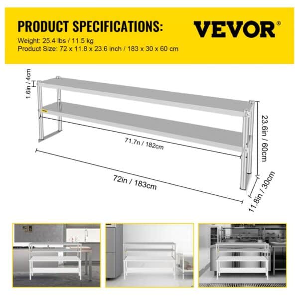 VEVOR double overshelf with size and weight specifications, shown in various kitchen setups.