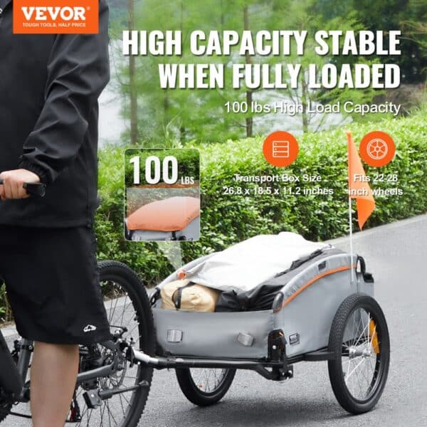 VEVOR bike cargo trailer, high capacity, 100 lbs load, 26.8 x 18.5 x 11.2 inches, fits 22-28 inch wheels.