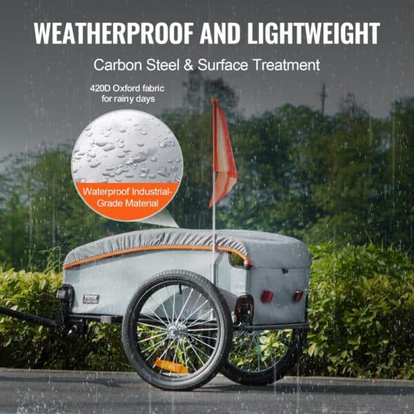 VEVOR bike cargo trailer with waterproof cover in rain, emphasizing weatherproof and lightweight design.