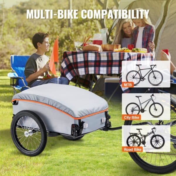 VEVOR bike cargo trailer with multi-bike compatibility for mtb, city bike, and road bike usage.