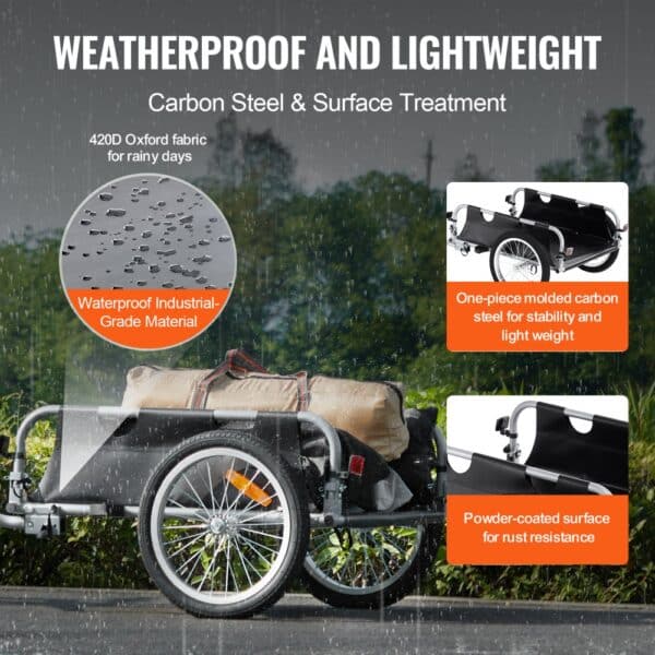 weatherproof and lightweight VEVOR bike cargo trailer with waterproof fabric and sturdy carbon steel.