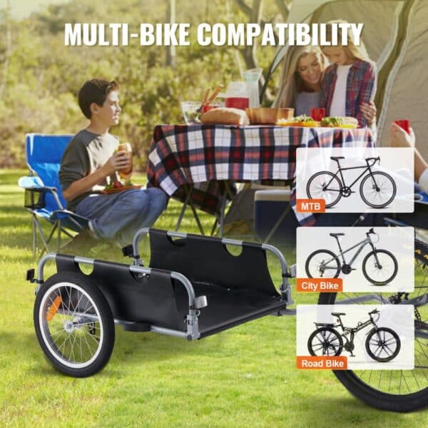 VEVOR bike cargo trailer with multi-bike compatibility beside a picnic setup in a park.