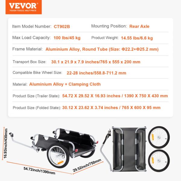 VEVOR bike cargo trailer with aluminum alloy frame, 100 lbs capacity, and rear axle mount.