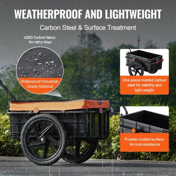 VEVOR bike cargo trailer, waterproof 420d oxford fabric, carbon steel frame, lightweight and rust-resistant.