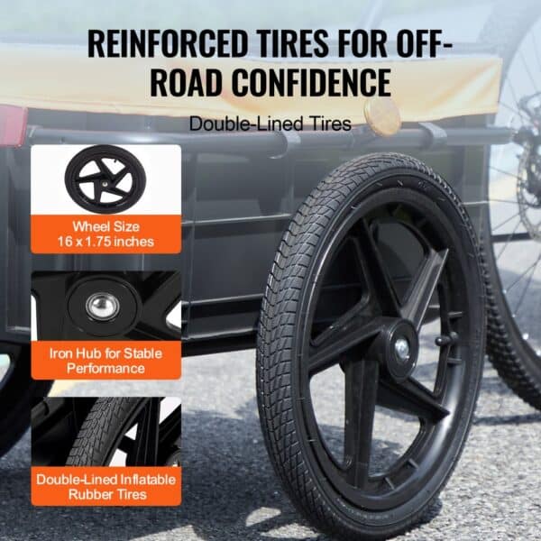 reinforced 16"x1.75" double-lined tires with iron hub for off-road VEVOR bike cargo trailer performance.