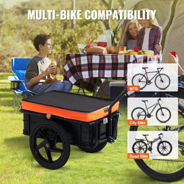 VEVOR bike cargo trailer in a picnic setting, compatible with mtb, city bike, and road bike models.