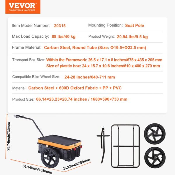 VEVOR bike cargo trailer with carbon steel frame, 88 lbs capacity, and 24-28 inch wheel compatibility.