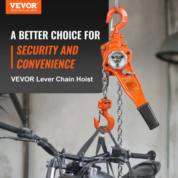 VEVOR chain lift lever hoist lifting a motorcycle, promoting security and convenience.