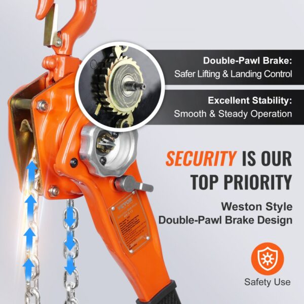 orange VEVOR chain lift with double-pawl brake for safer lifting, excellent stability, and secure use.