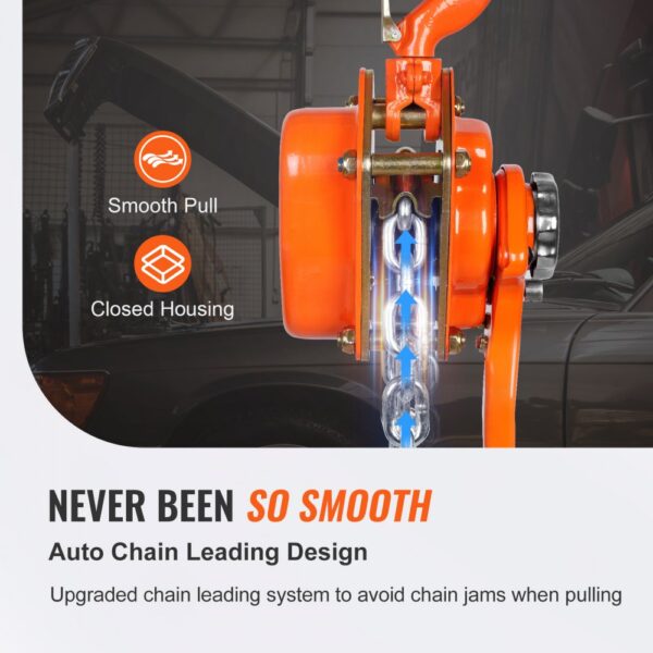 VEVOR chain lift featuring smooth pull, closed housing, and auto chain leading design for smoother operation.