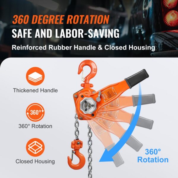 VEVOR chain lift with 360° rotation, thickened rubber handle, closed housing, and safety features.