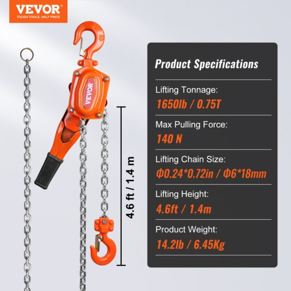 VEVOR chain lift with 1.4m lifting height, 1650lb capacity, and 14.2lb weight, against specs background.