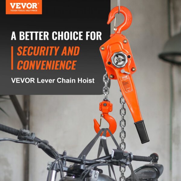 VEVOR manual lever chain hoist, orange hoist lifting a motorcycle in a garage with secure chain hooks.